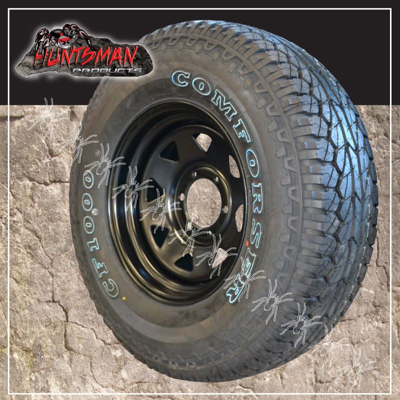 15" black steel wheel fitted with Comforser 235/75R15L/T AT tyre. 235