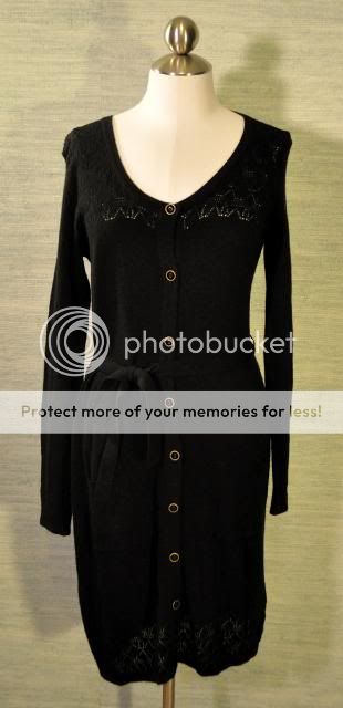 Old Navy Black Lace Knit Button Up Sweater Dress Long Sleeves Brass 